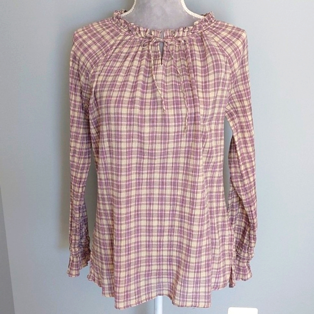 Chaps lavender plaid cotton gauze peasant blouse, size L